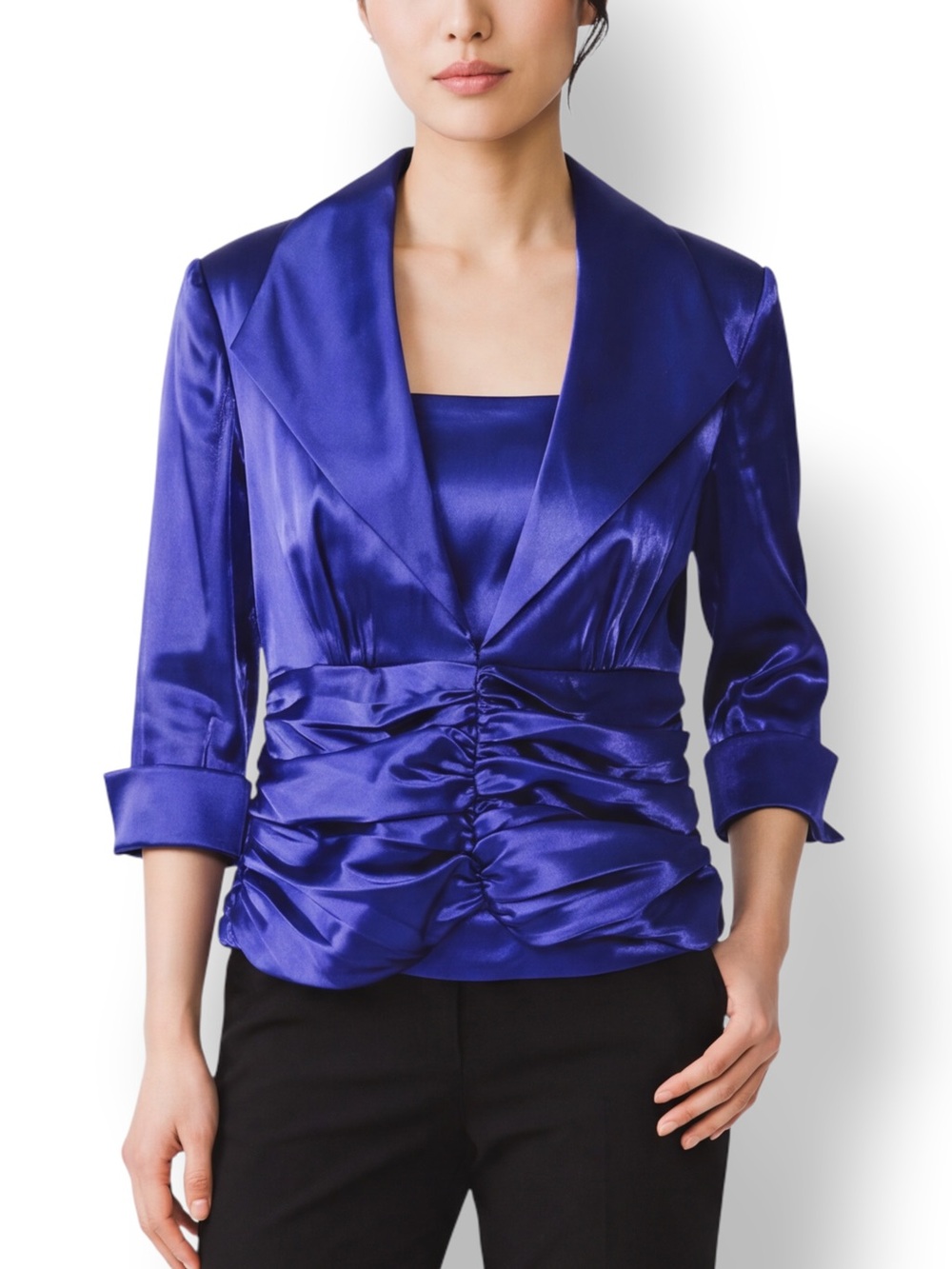 4/$20 R&M Richards Royal Blue Satin Ruched Evening Blouse Top L